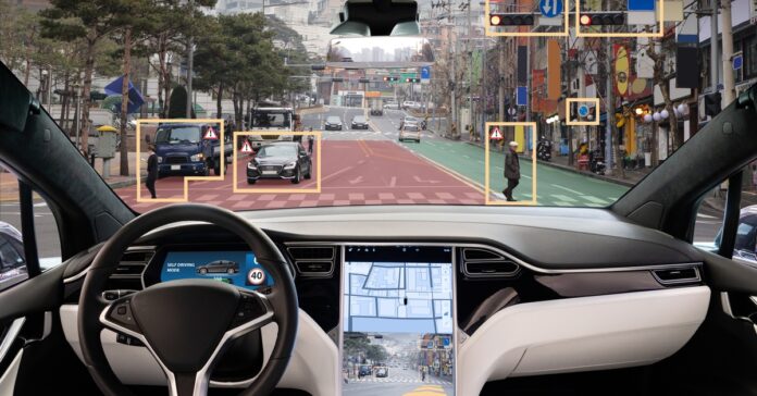 A view from the driver's seat of an autonomous car. The car analyzes several obstacles, including cars and pedestrians.