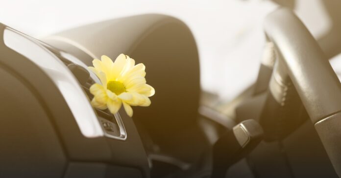 A close-up on a vehicle's air vent. There is a yellow flower acting as an air freshener.