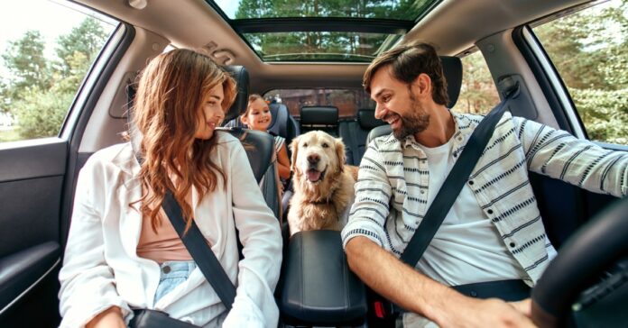 A family sitting in a car. The parents are in the front seat, and the dog and a young girl are in the back seat.