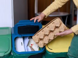 How To Improve Your Recycling Habits in 2026 A person leaning in to throw something into the recycling bin. The bins have yellow, blue, and green lids.