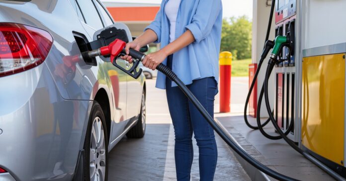 A woman in jeans and a blue overshirt holds a gas nozzle to the fuel tank of her modern silver car at a gas pump.