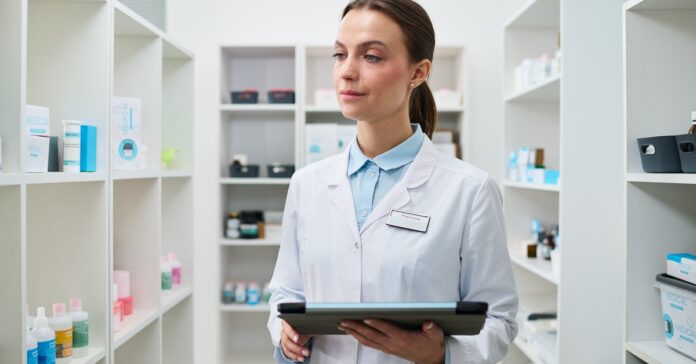 A female healthcare professional stands in a medical supply room holding an extra large tablet.