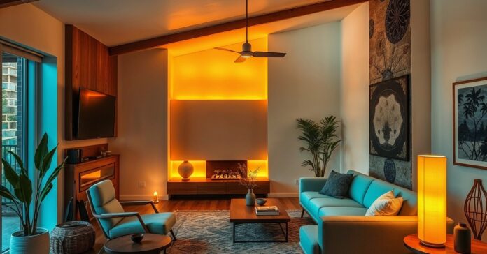 Contemporary living room featuring a glowing fireplace, cozy seating, wood accents, and soft ambient lighting.