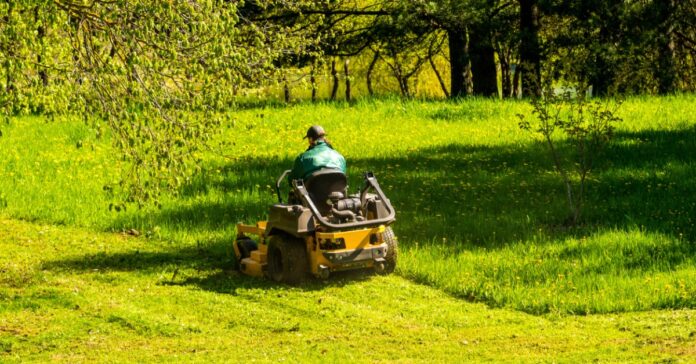 A person driving a yellow riding lawn mower across a large, sunny green lawn surrounded by leafy trees.